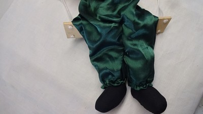 CLOWN DOLL ON A SWING w/ Tag Red Hair Green Pants Hat Bow Tie Vtg