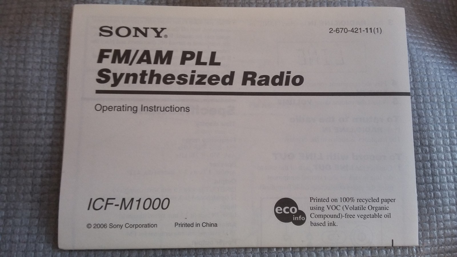 Sony ICF-M1000 FM/AM PLL synthesized Digital Tuning w/ LCD Clock Display Bass