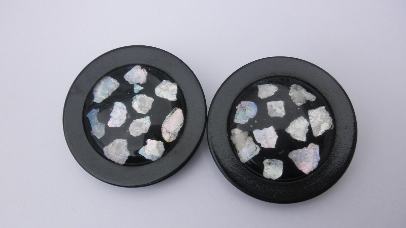 Two Vintage Black Plastic Bakelite? 1 ½'' Shank Buttons / Abalone Center Inset