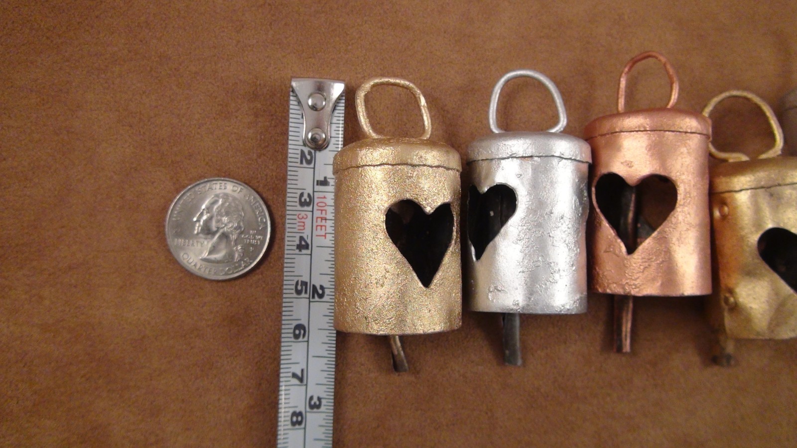 6 Indian Cow Bells w/ HEART Cutouts-2 Silver, 2 Gold & 2 Copper- Lovely #9