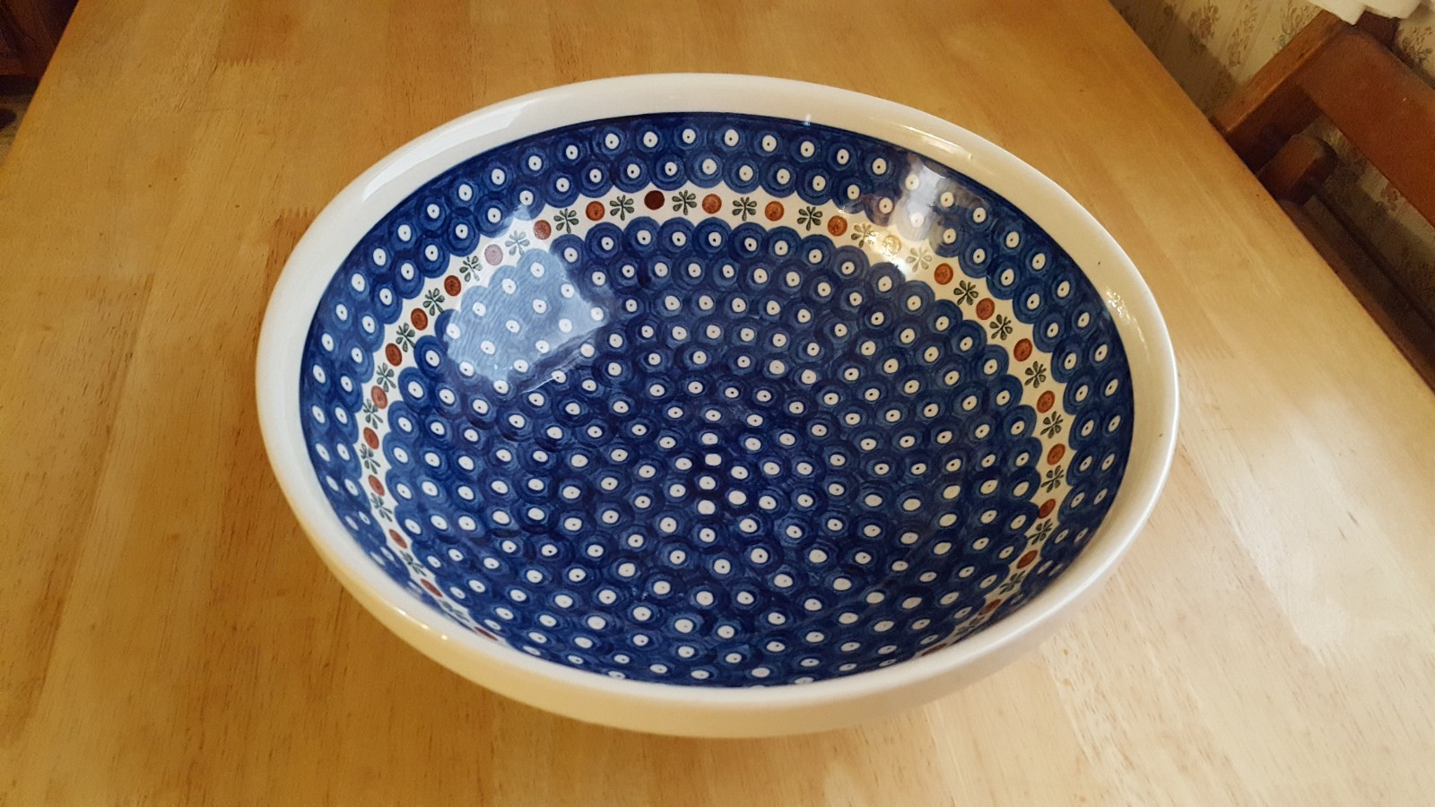 Large Vintage Polish Pottery Boleslawiec Blue Peacock Dots Mixing Bowl 12 3/4