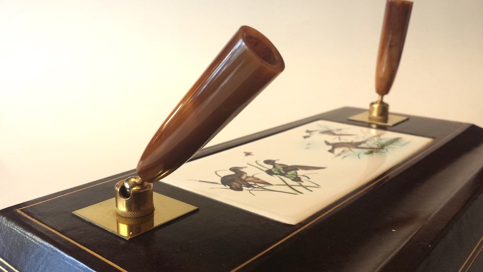 Vtg Desktop Dual Bakelite Pen Holders on Leather Covered Base Ceramic Duck Tile