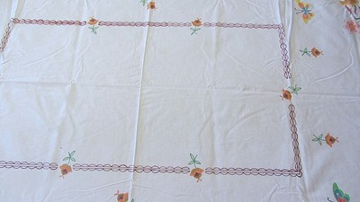 VintageTablecloth 66 x 53 HAND PAINTED Flowers Print Floral