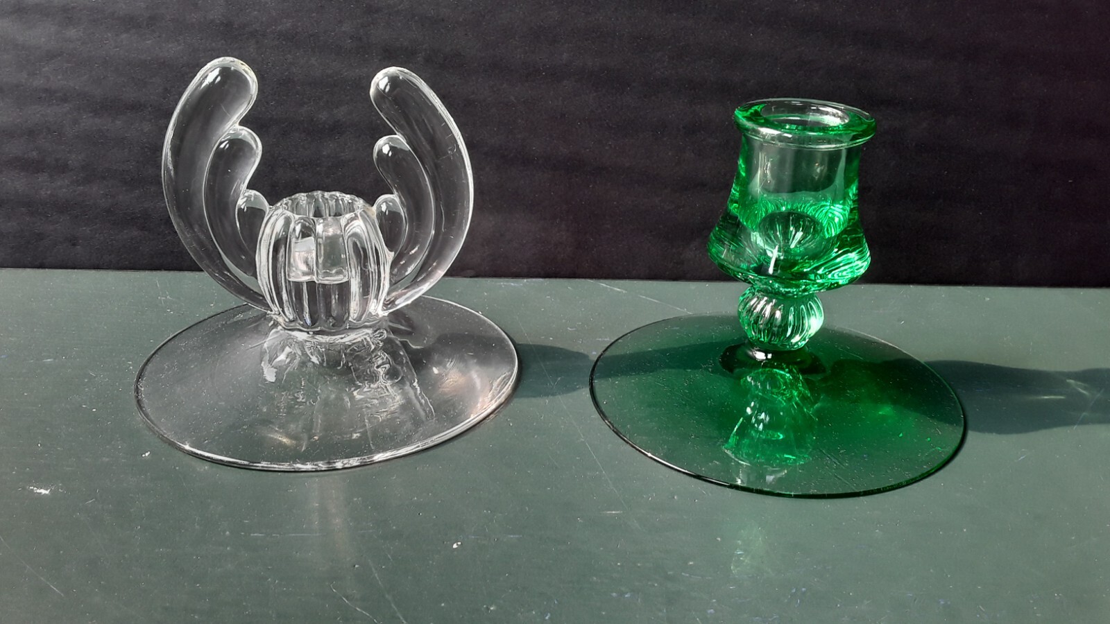 2 VTG. HEISEY GLASS CANDLE HOLDERS, CLEAR CRYSTOLITE & MERCURY MOONBEAM GREEN