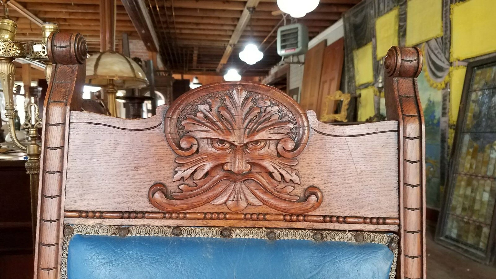 SET OF 6 VICTORIAN QUARTERSAWN OAK DINING CHAIRS CARVED NORTHWIND FACES