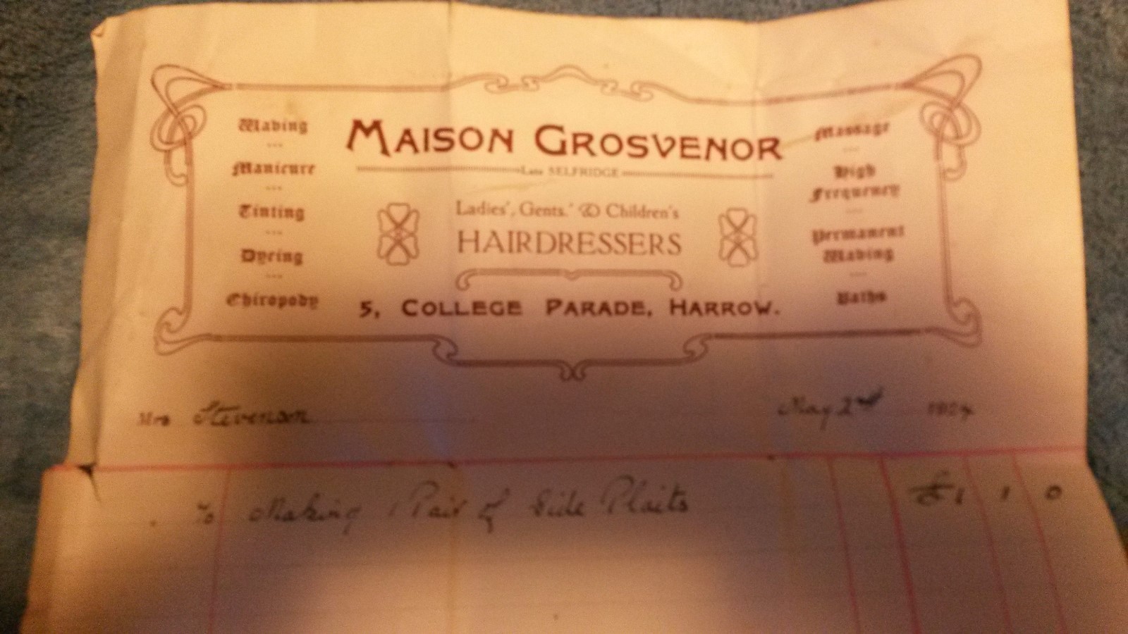 1924 Maison Grosvenor pair of Side Plaits with bill of sale