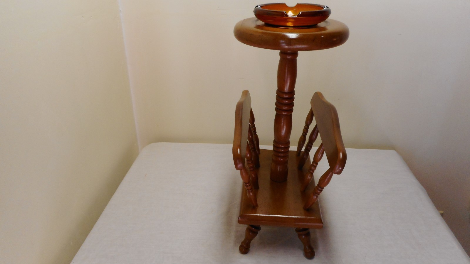 Vintage Wood Ashtray Stand With Newspaper Magazine Rack With Original Ashtray