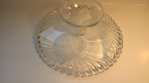 Vintage Heavy Clear Glass Pedestal Cake Stand Ornate  Pressed Glass