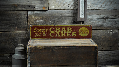 Crab Cakes, Custom Chef Name Seafood - Rustic Distressed Wood Sign