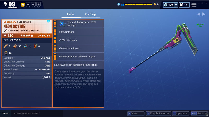 save the world lvl 130 neon scythe max perks god rolls pc ps4 xbox - fortnite save the world scythe