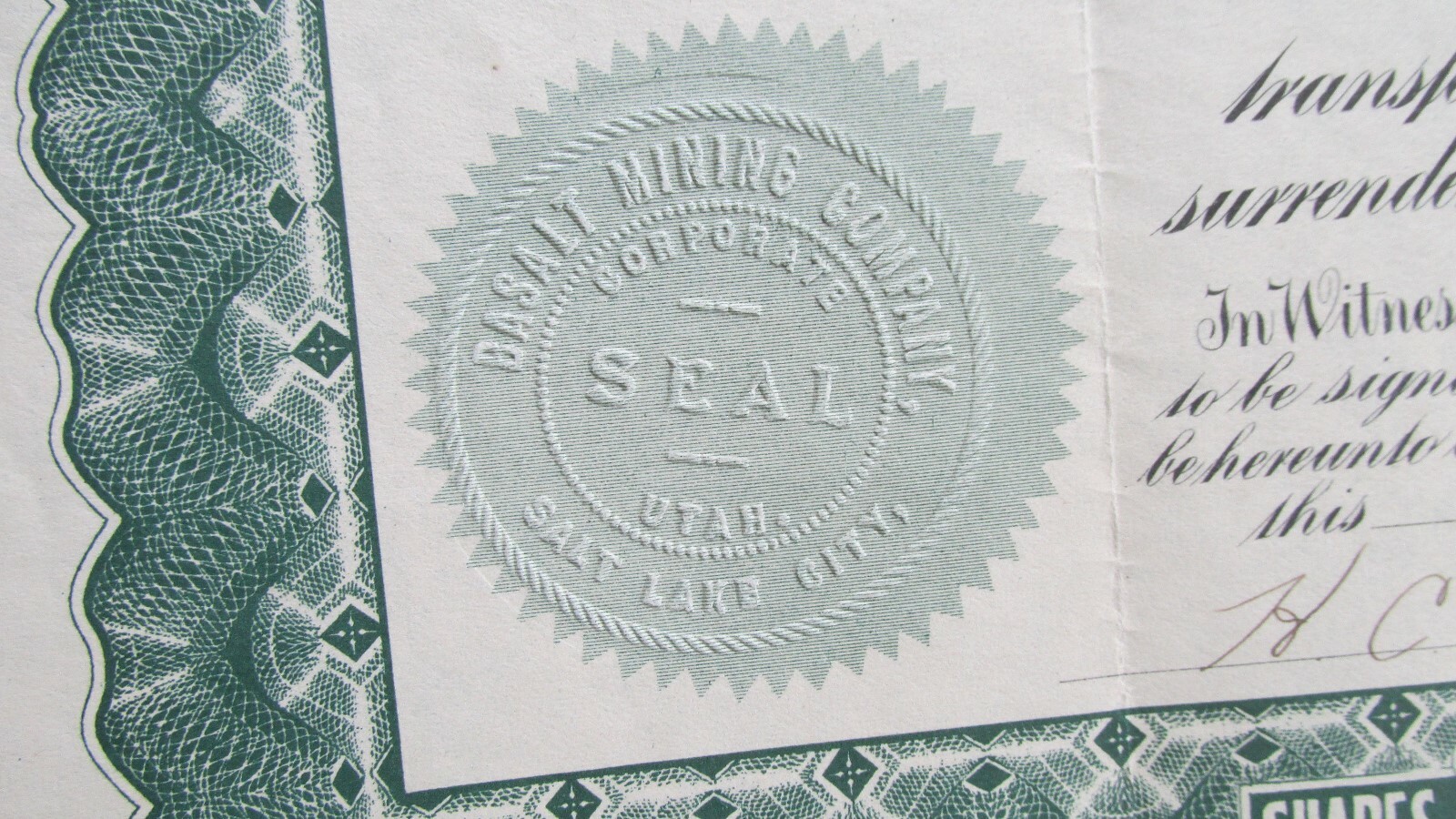 1915 Basalt Mining Company Stock-Salt Lake City Utah-Signed-Uncancelled-5 Cents