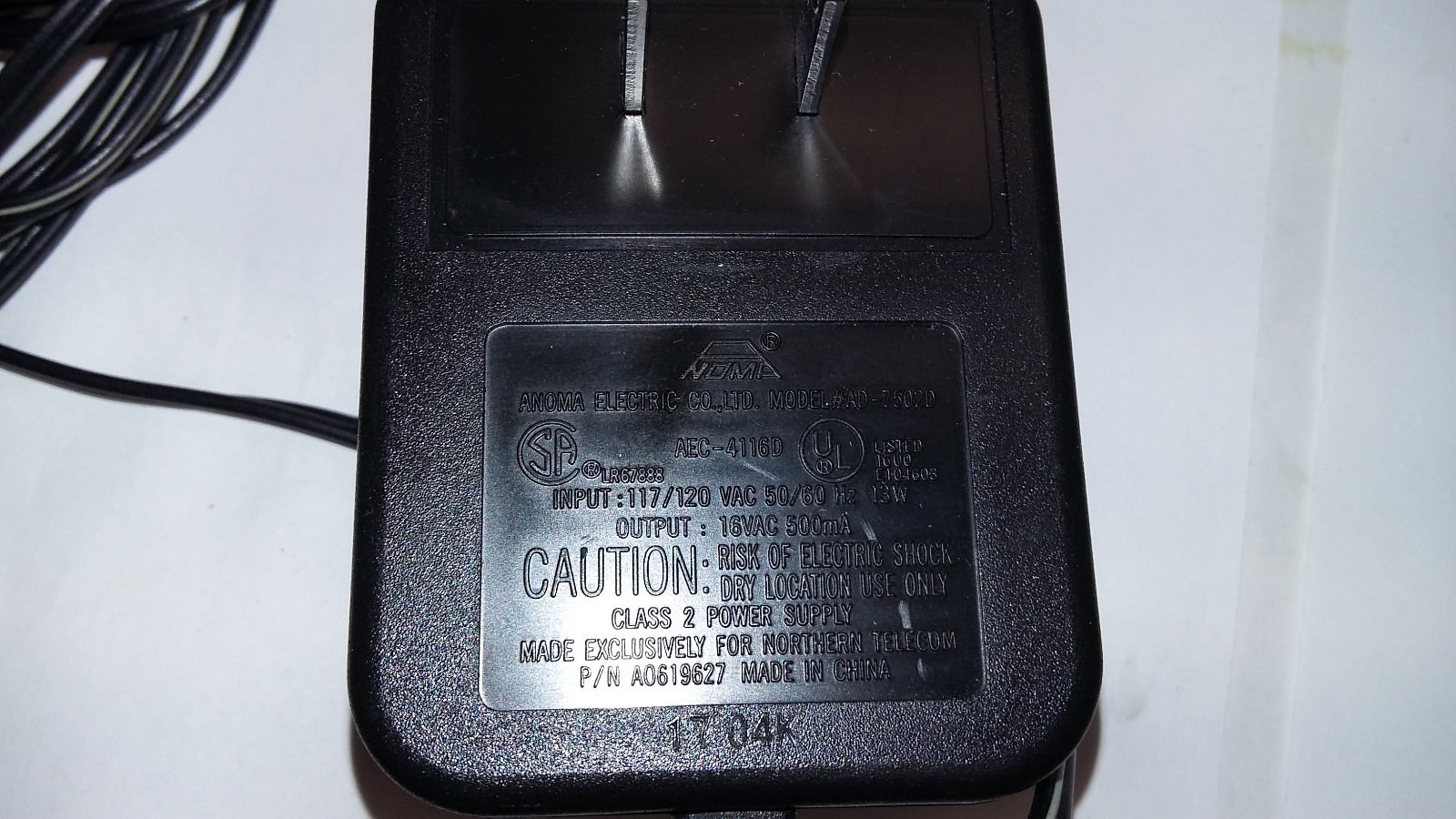 Anoma Electric #AD-7502D Class 2 Power Supply Input: 117V/120VAC 50/60Hz 12W