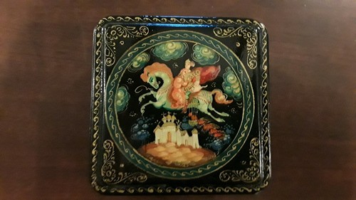 Vintage Signed Russian Black Lacquer Wooden Handpainted