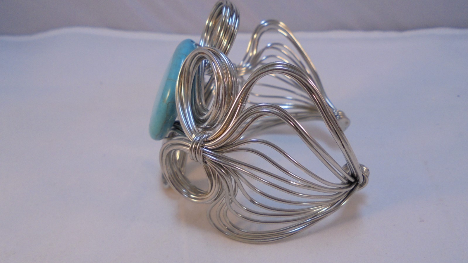Cuff Bracelet Silver Colored metal Wrapped Wire Style w/ Turquoise Colored stone