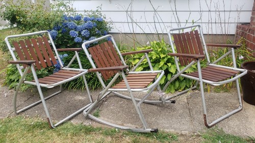 3 Vtg Aluminum Folding Redwood Lawn Chair/Rocker Lounge Pool