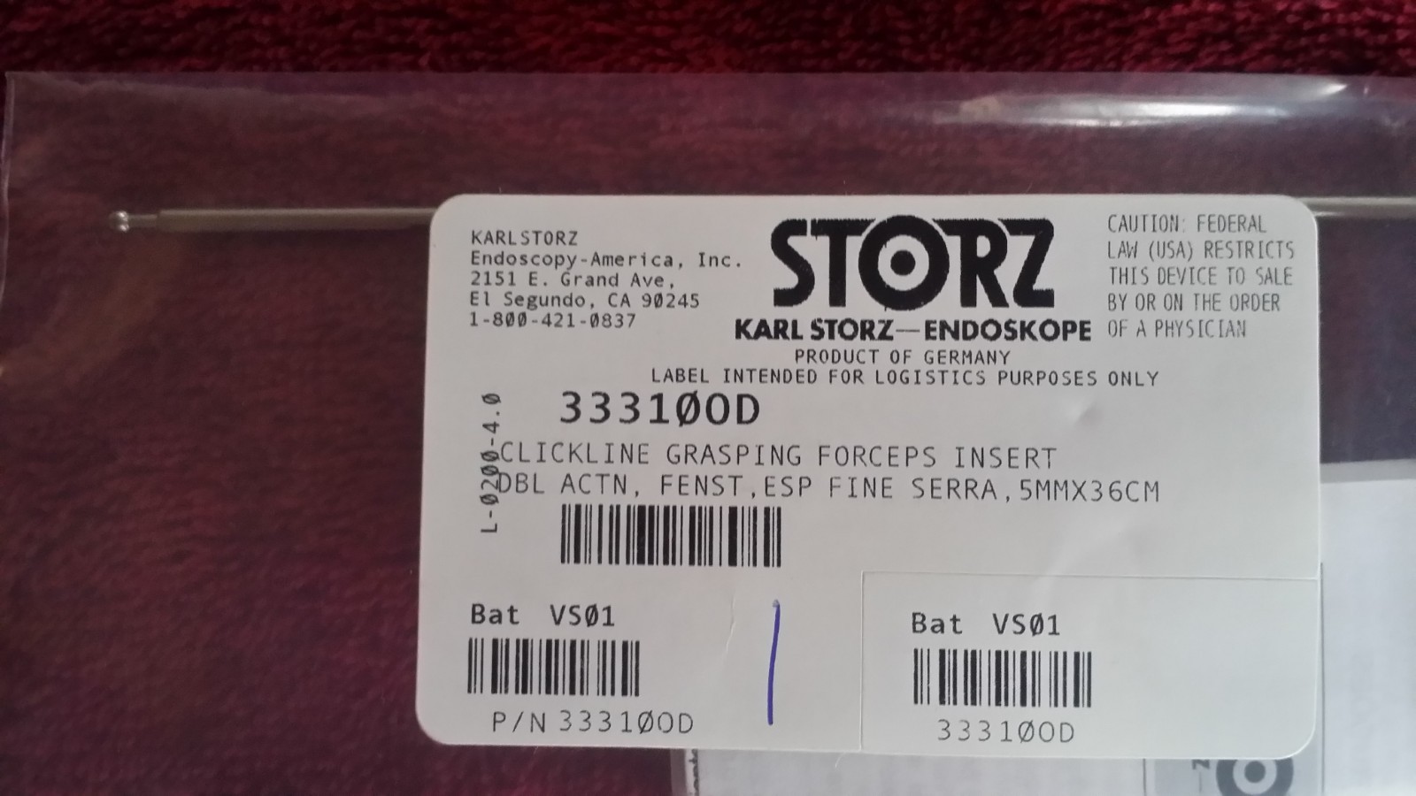 KARL STORZ 33310OD Clickline forceps insert double action, fenstrated,