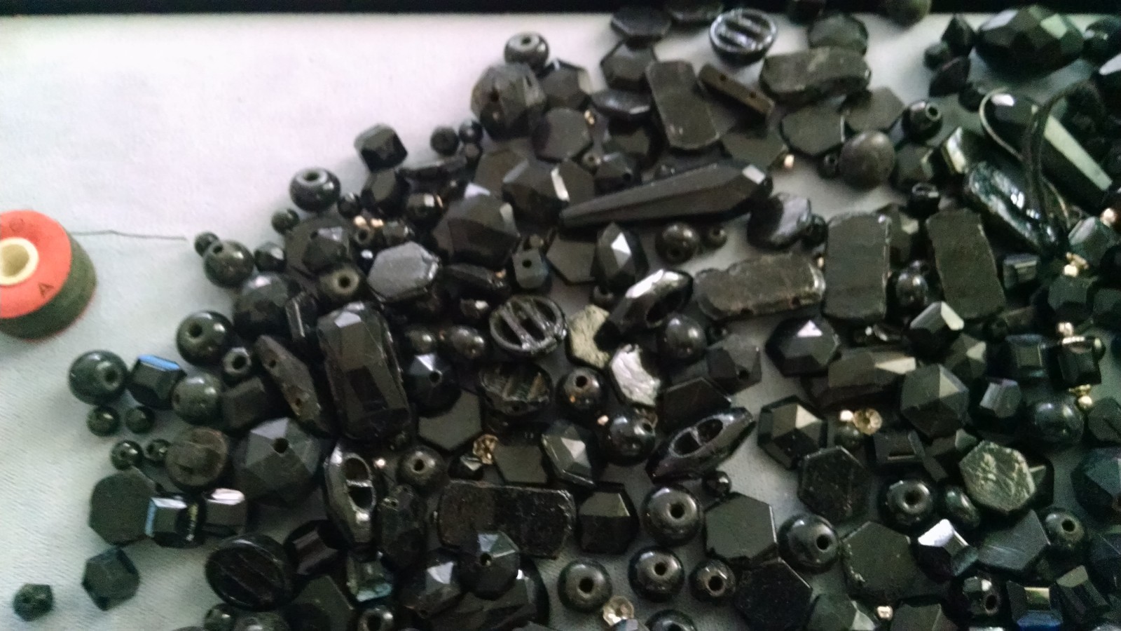 Vintage Lot 450 Black Glass Beads W/ ATCO Black String