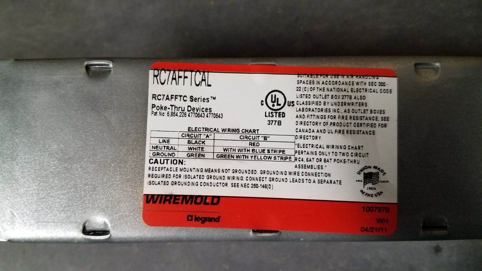 NEW Wiremold Legrand Furniture Feed Assembly  #RC7AFFTCAL Poke-Thru Device