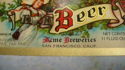 BEER BOTTLE LABEL ACME BREWING SAN FRANCISCO CA 11 FL OZ IRTP UNUSED