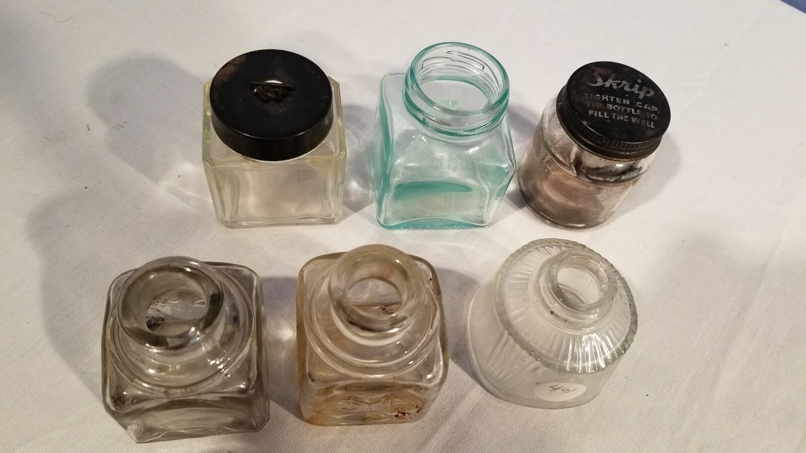 Lot of 6 Vintage Glass Inkwell, Parker, Sanford, Skrip, Aqua/Blue - Fountain Pen