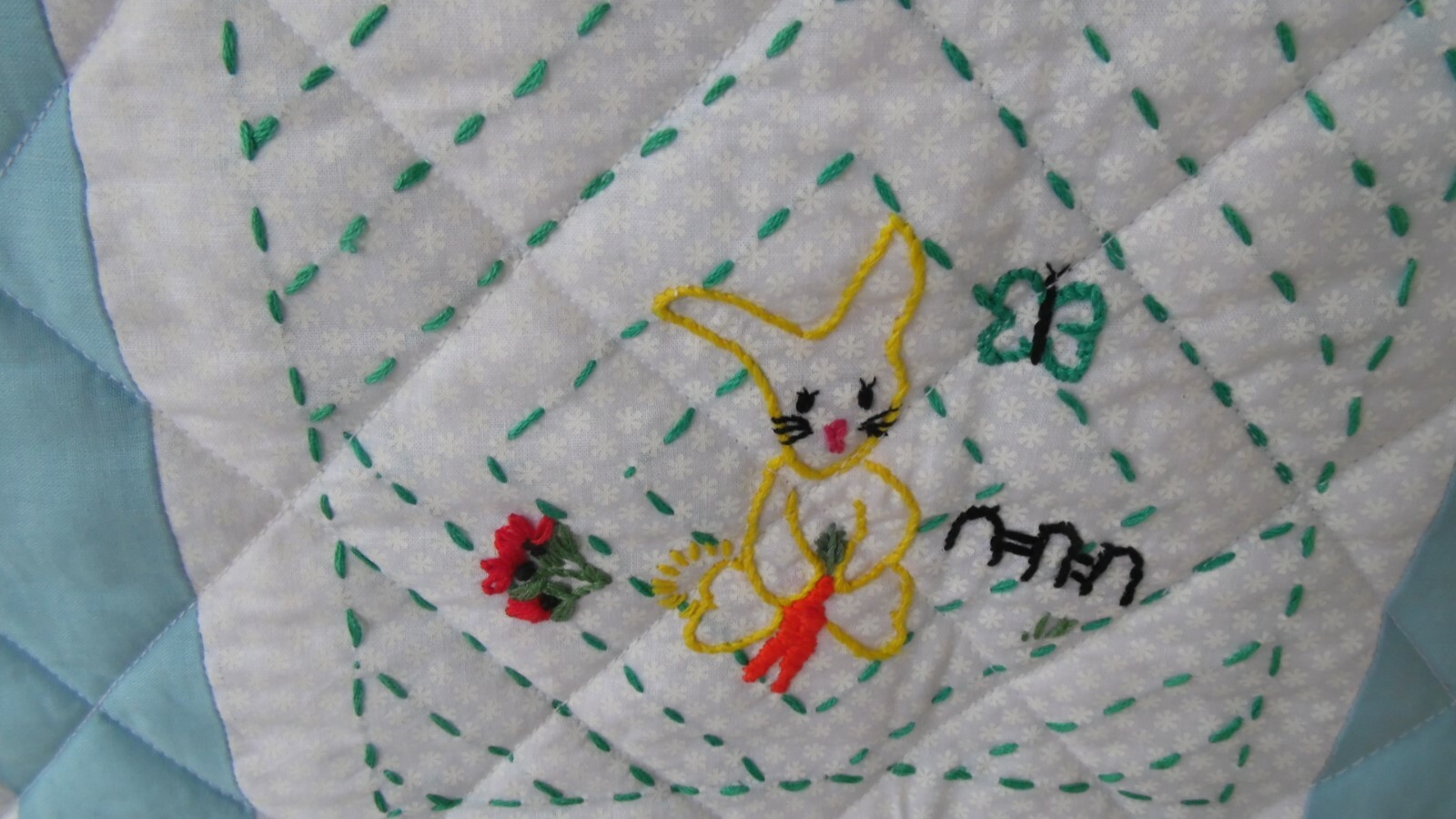 BABY EASTER QUILT HANDCRAFTED  HAND ENBROIDERED BUNNIES, MACHINE QUILTED 39