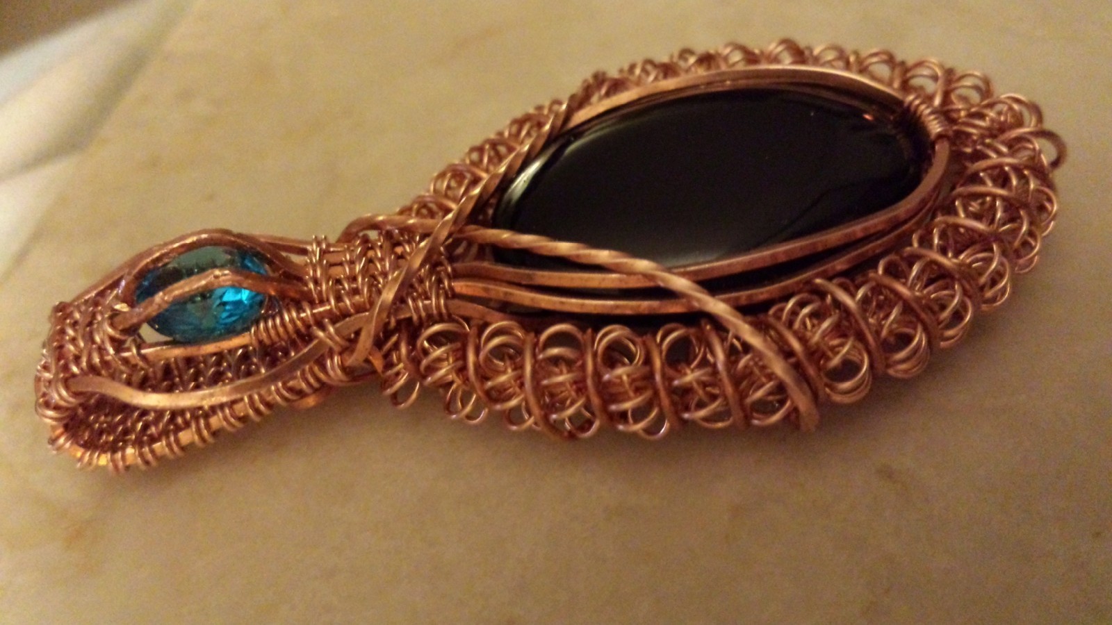 Black Onyx and Blue Topaz Handmade Jewelry Copper Wire Wrapped Pendant