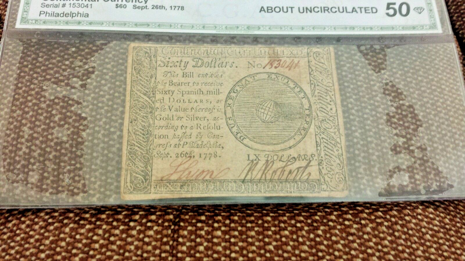 Sept 26, 1778 $60 DOLLAR US CONTINENTAL CURRENCY BOW NOTE ABOUT UNCIRCULATED