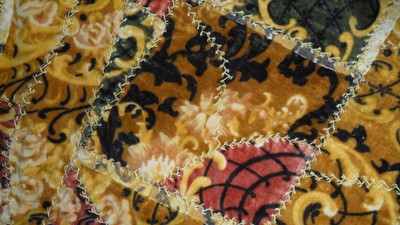 BEAUTIFUL ANTIQUE HAND MADE EMBROIDERED PRINTED VELVET CRAZY QUILT - 60 X 76