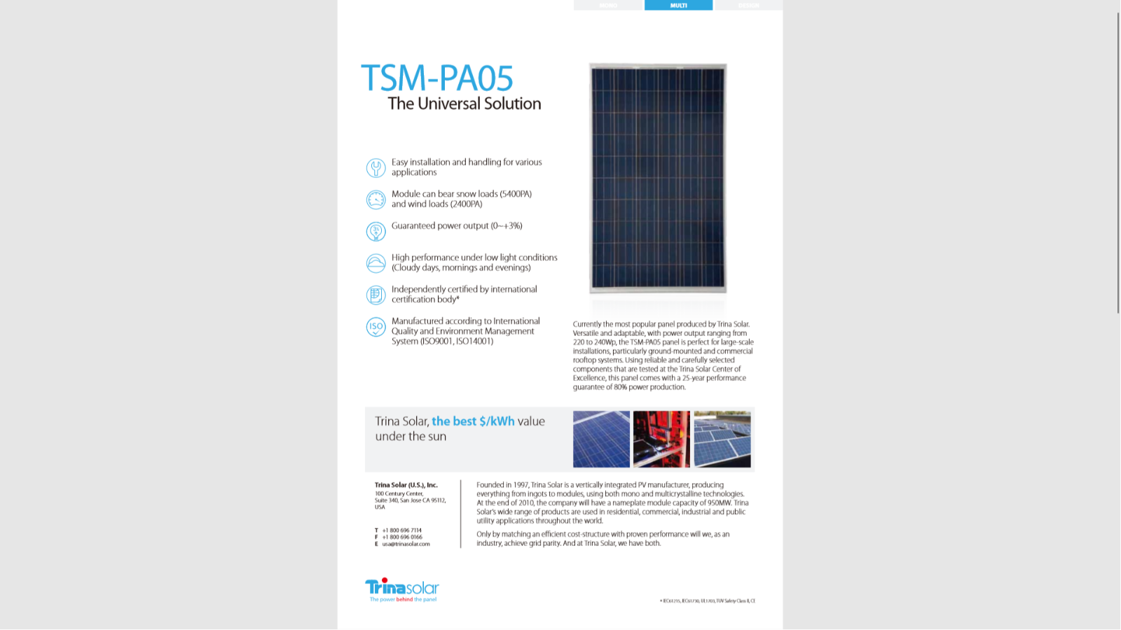 Trina 235 Watt Poly TSM-235PA05 Pallet of 20 Solar Panels