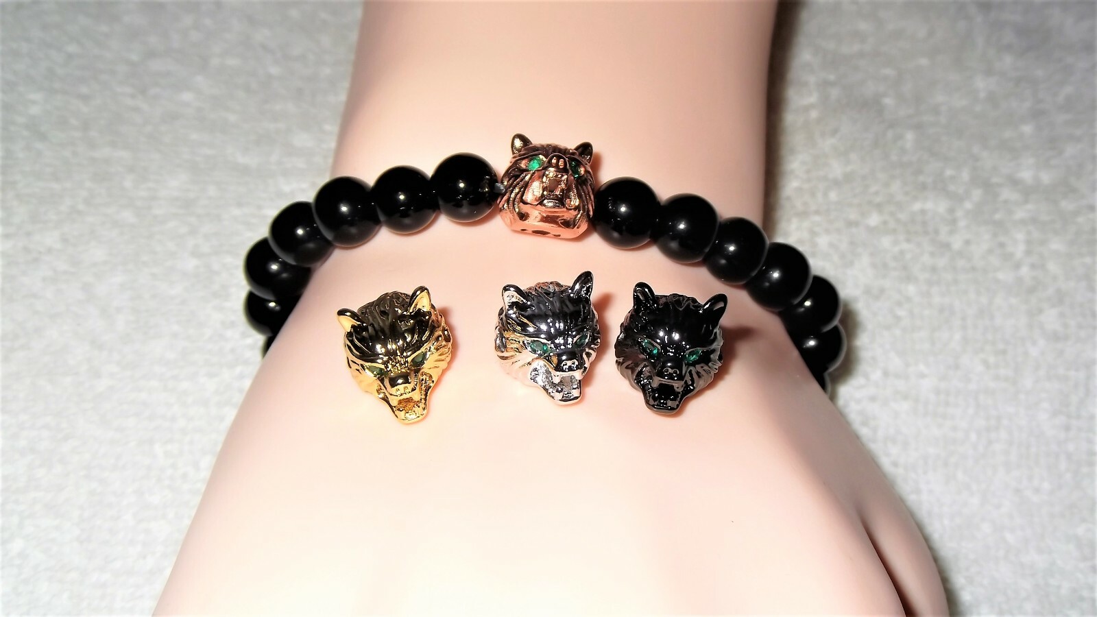 Wolf Head Green Eyes Animal Bangle Original Design Charm Jewelry Wild Forest