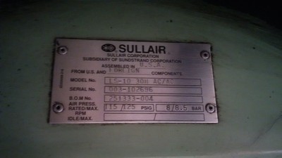 Air compressor, screw-type, heavy-duty, 'Sullair' LS10-30H. LOW HOURS