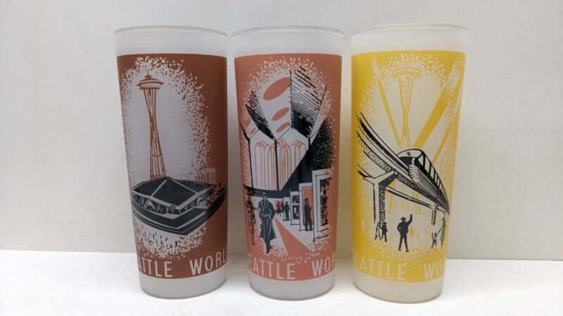 Set of 3 Vintage 1962 Seattle Worlds Fair Frosted Glasses Highball Tumblers 