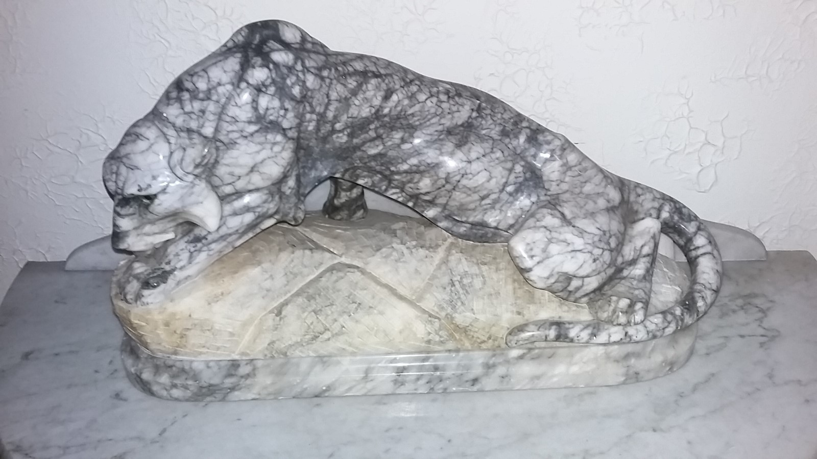 Rare large Art Deco period sculpture white gray marble panther glass eyes 1920s