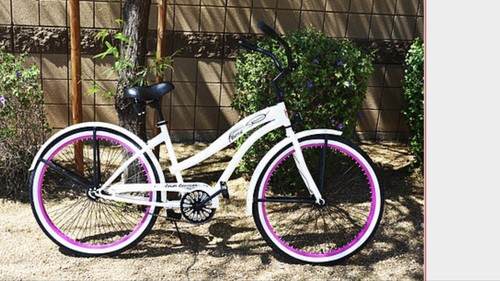 26” Women’s Single Speed Bicycle, Colby Cruiser Bettie Bike, White/ Pink Rims