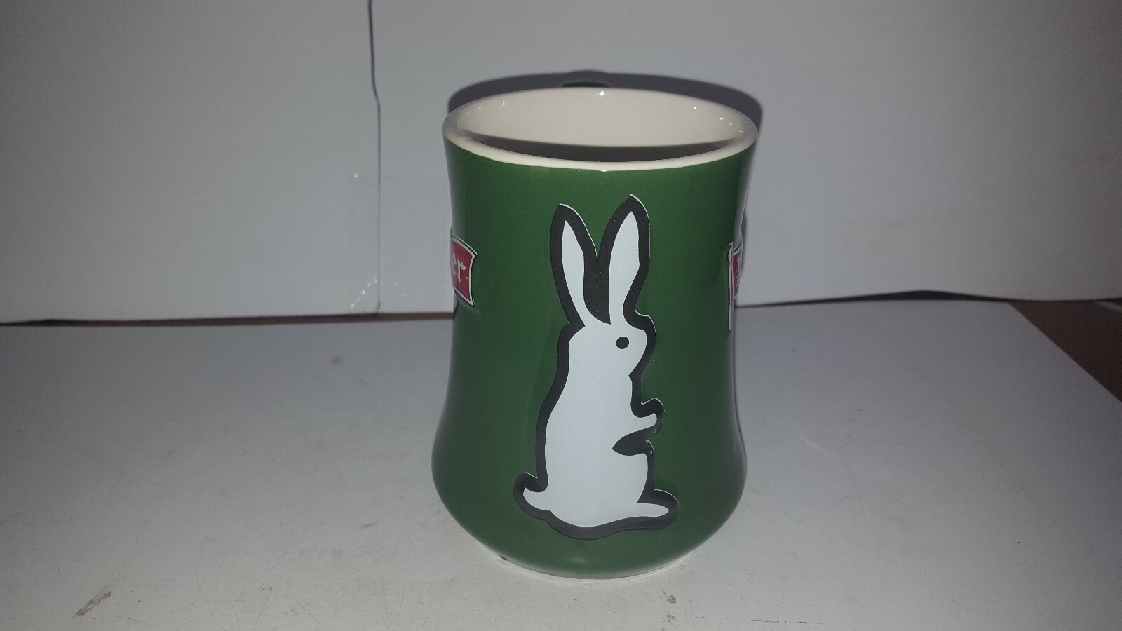 Molson Old Style Pilsner Beer Mug Cup Glass White Rabbit Green mug Red Handle