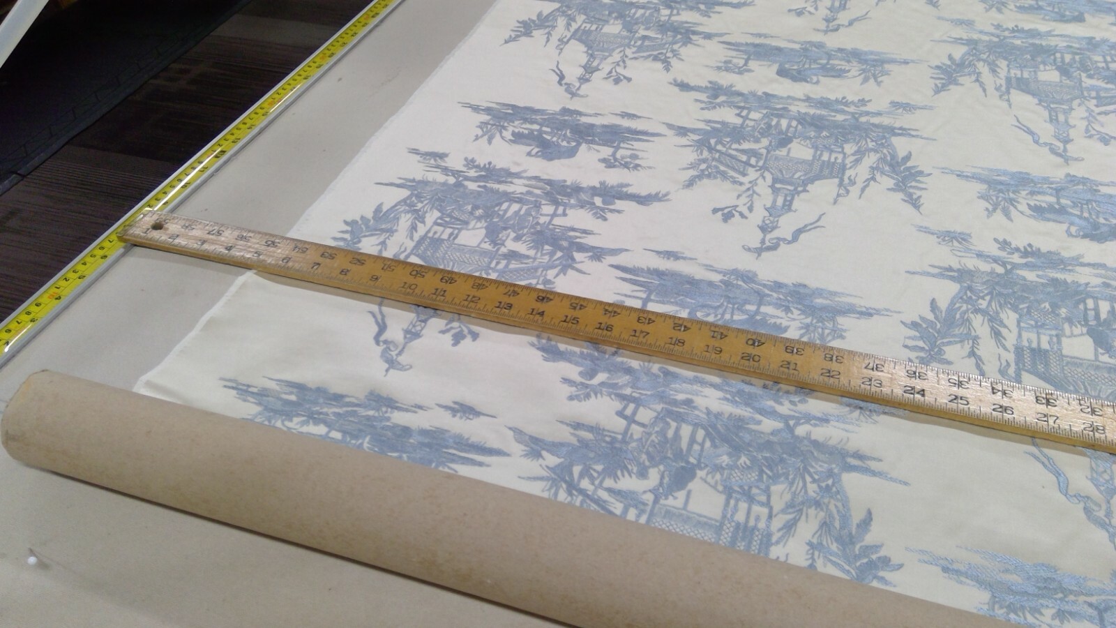 DESIGNER FABRIC - Silk Brocade Fabric-Cream & Light Blue-Chinese Theme