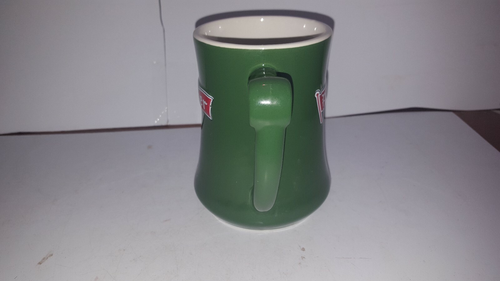 Molson Old Style Pilsner Beer Mug Cup Glass White Rabbit Green mug Red Handle