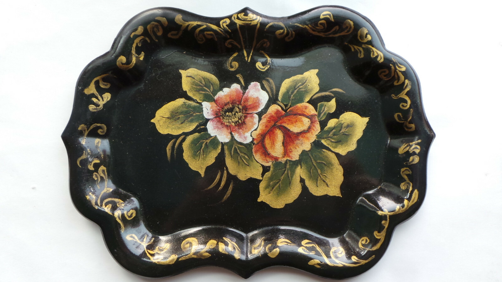 Vtg Toleware Tole Tray Hand Painted and Stenciled Small 6
