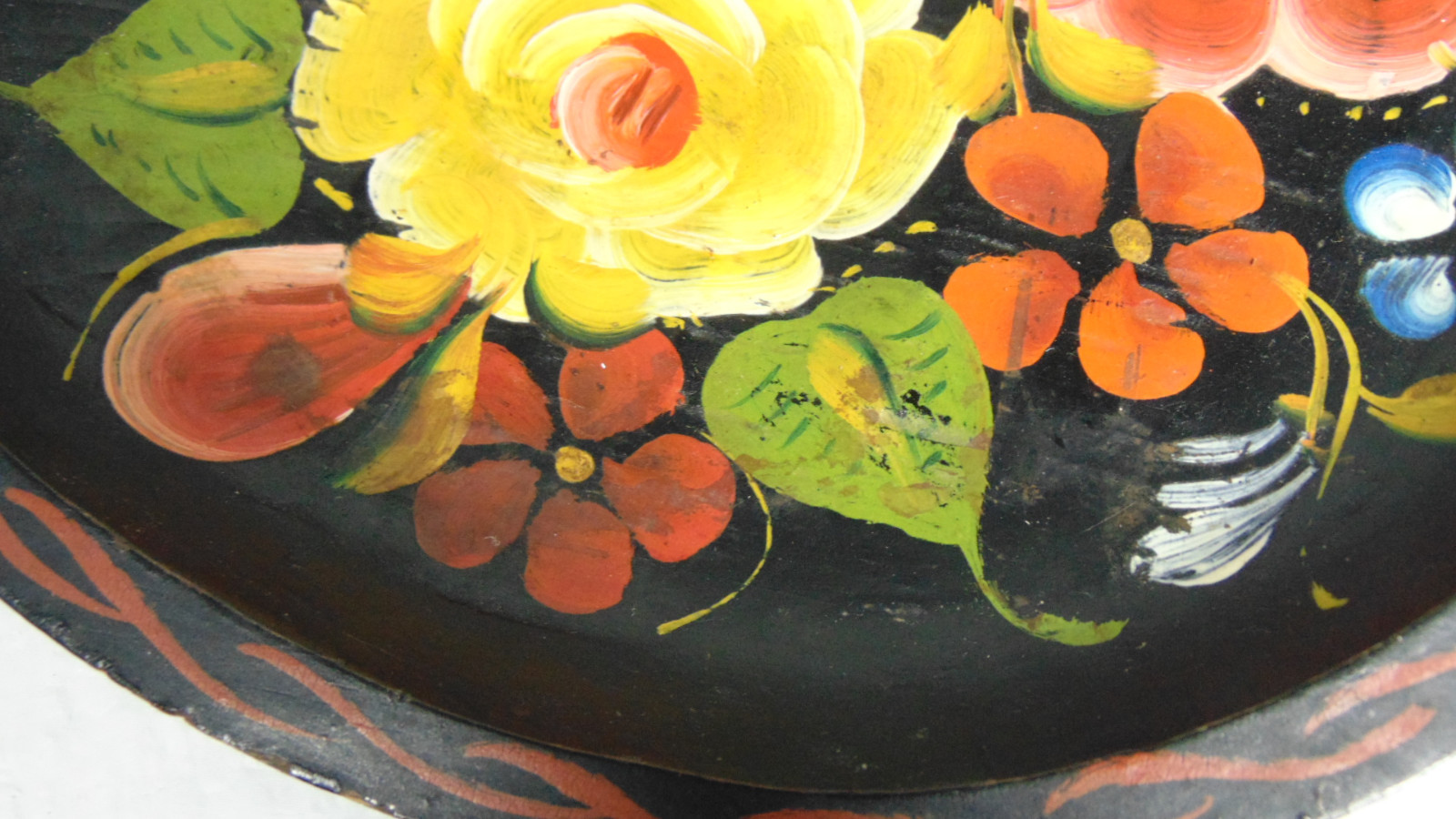 Vintage Painted Colorful Flowers Wooden Bowl 12.75