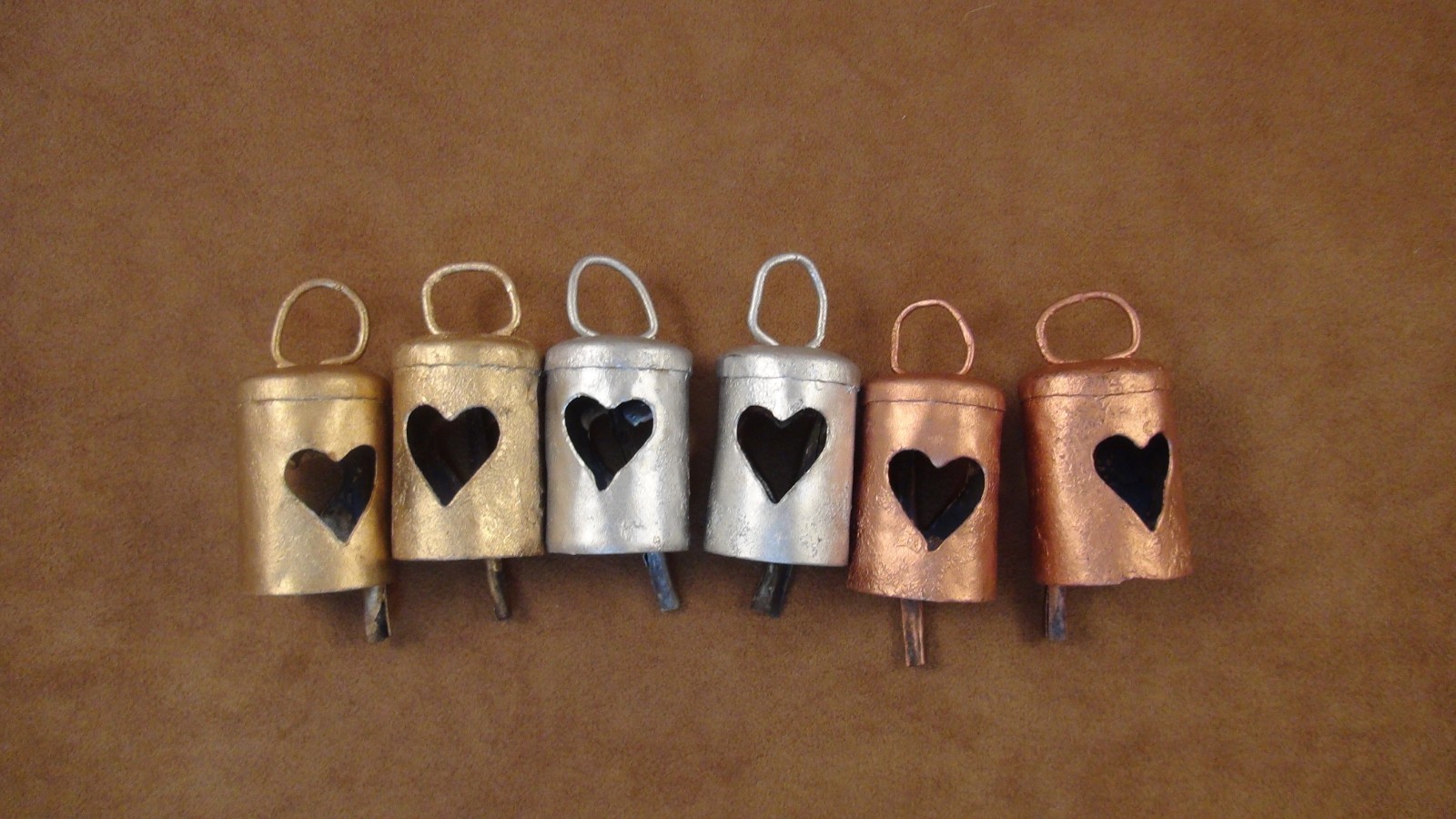 6 Indian Cow Bells w/ HEART Cutouts-2 Silver, 2 Gold & 2 Copper- Lovely #9