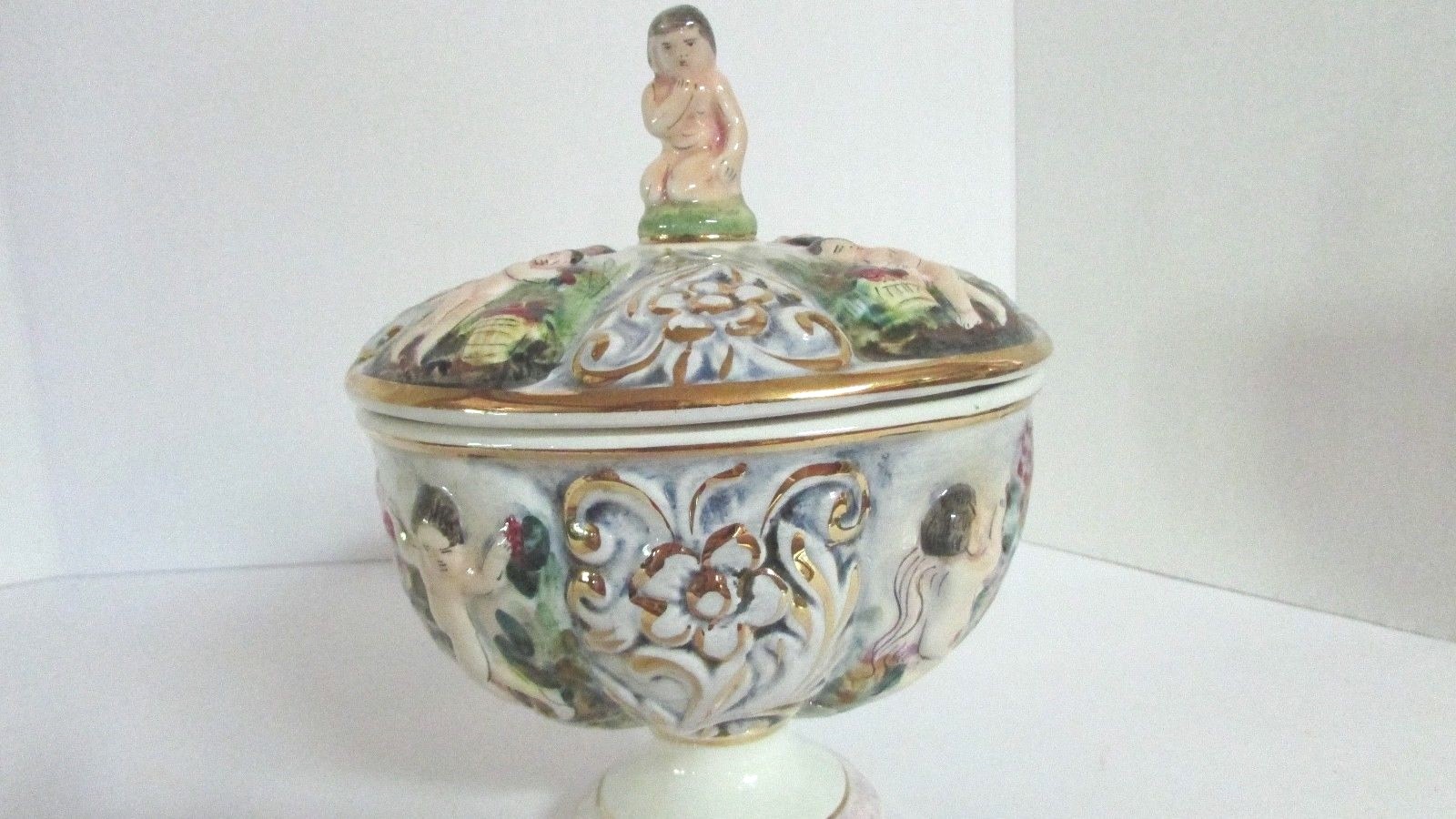 Vintage Hand Painted & Numbered E.B.R. Capodimonte Cherub Footed Bowl with Lid