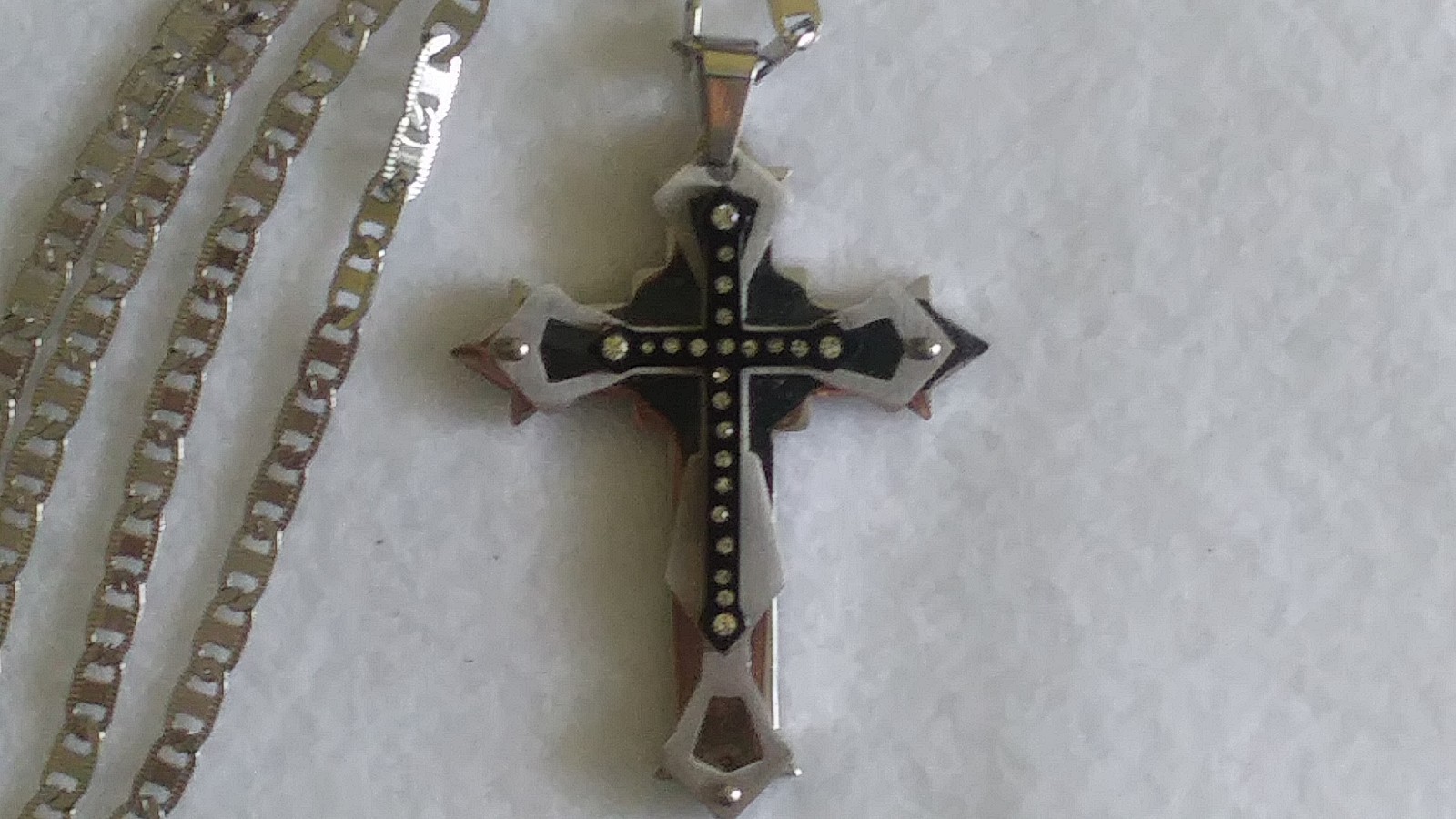 Stainless Steel Silver and Black Colors Cross Rhinestone Accent Pendant Necklace