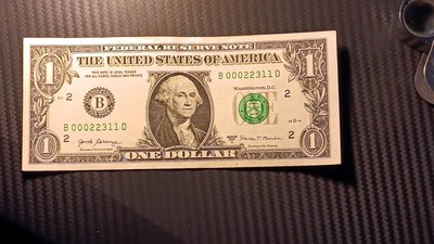 Fancy Serial Number - 9 Low Total Digit Sum - Extremely Cool $1 Bill B00022311D