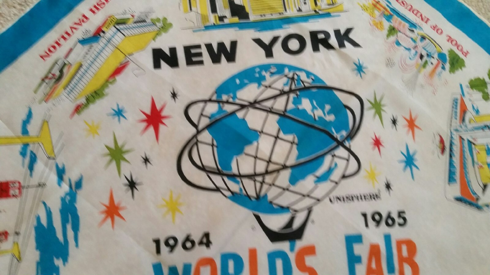 1964-65 New York Worlds Fair Scarf Souvenir 28 x 28 Unisphere, Monorail