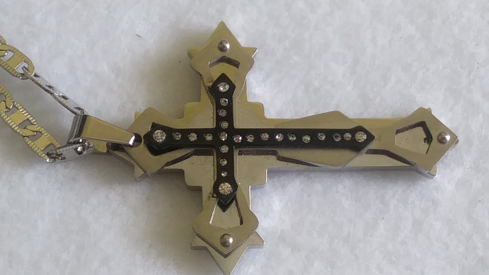 Stainless Steel Silver and Black Colors Cross Rhinestone Accent Pendant Necklace