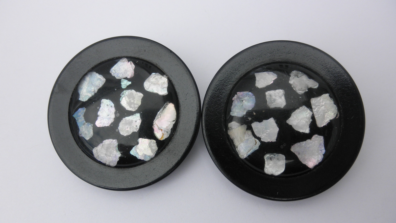 Two Vintage Black Plastic Bakelite? 1 ½'' Shank Buttons / Abalone Center Inset