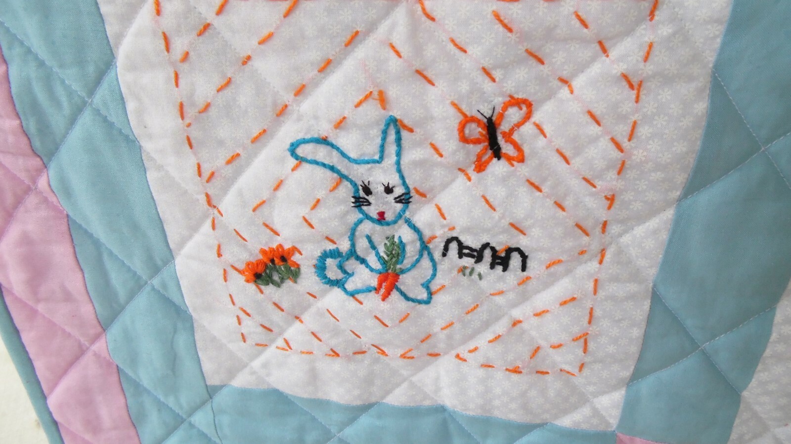 BABY EASTER QUILT HANDCRAFTED  HAND ENBROIDERED BUNNIES, MACHINE QUILTED 39