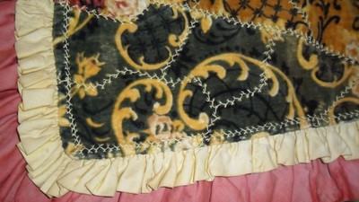 BEAUTIFUL ANTIQUE HAND MADE EMBROIDERED PRINTED VELVET CRAZY QUILT - 60 X 76