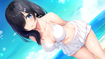 Anime oryou girls beach dark hair blue eyes blushing Playmat Gaming Mat Desk