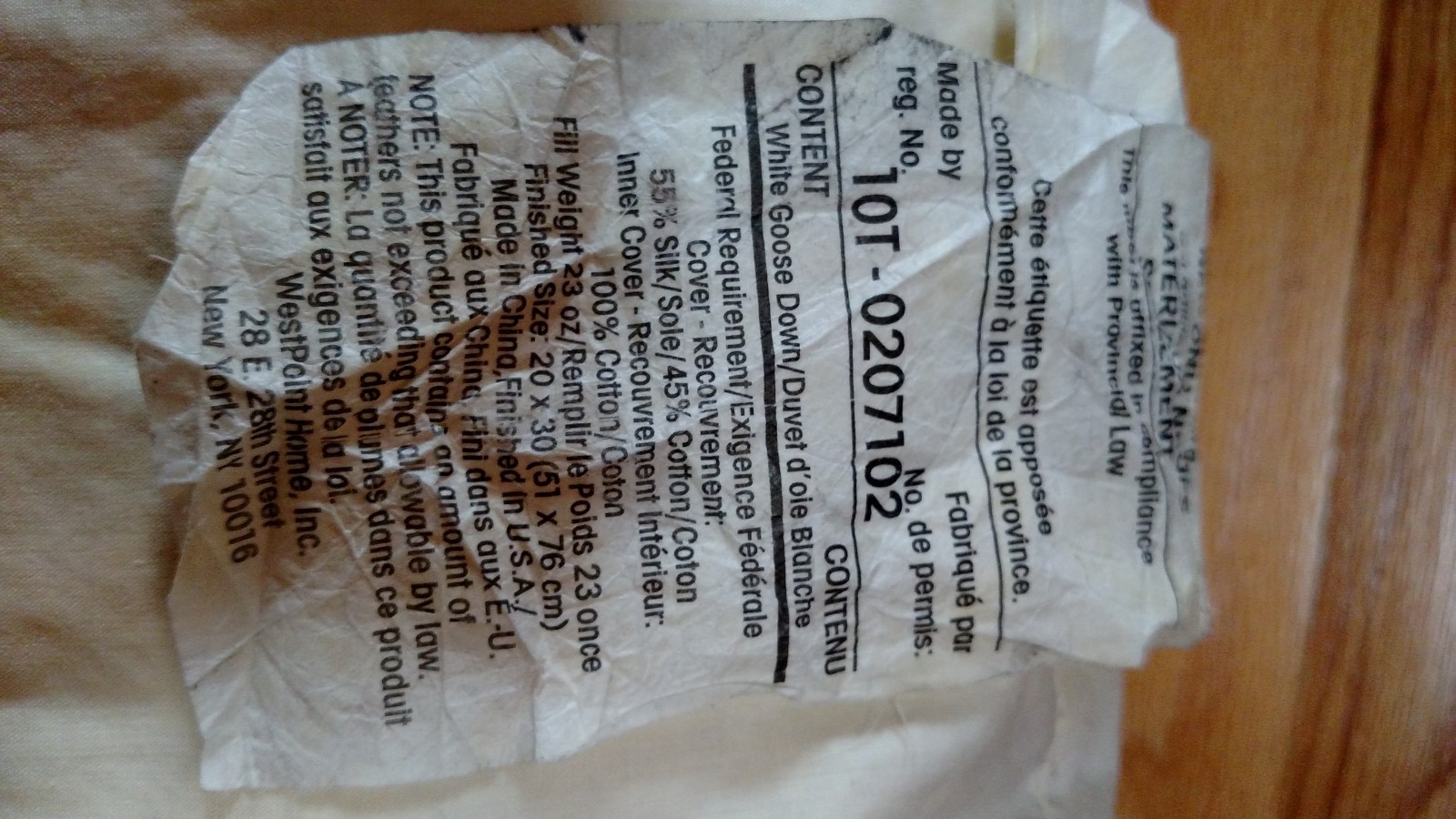 2 - Used White Goose Down Pillows for filling (see label photos for contents)